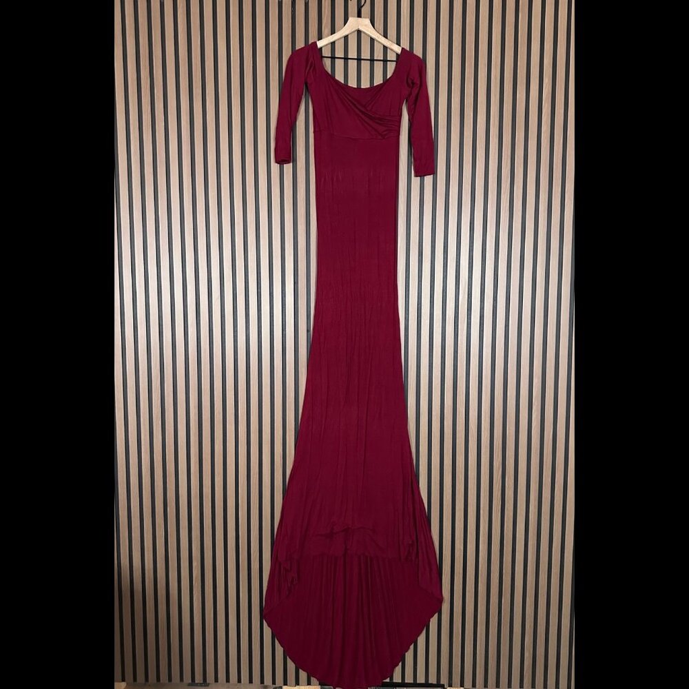 Sew Trendy Maternity Gown XS Womens Red Maxi Chiffon Knit Long Sleeve